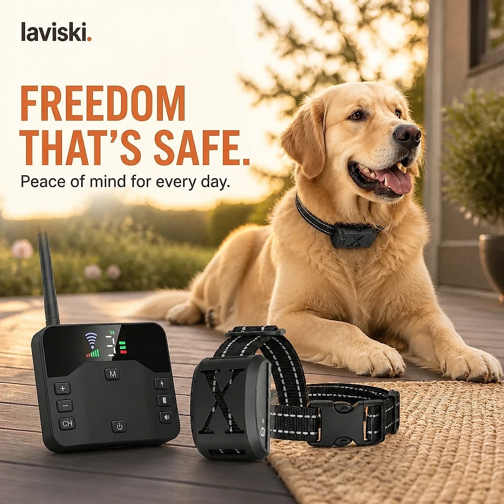 Boundex Wireless Dog Fence System with Collar, in use, pet resting on it