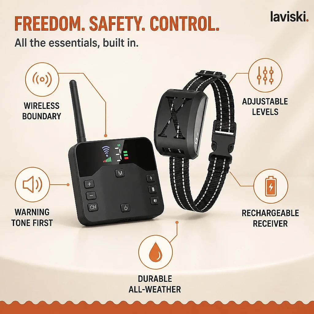 Boundex Wireless Dog Fence System with Collar, close-up of the main features