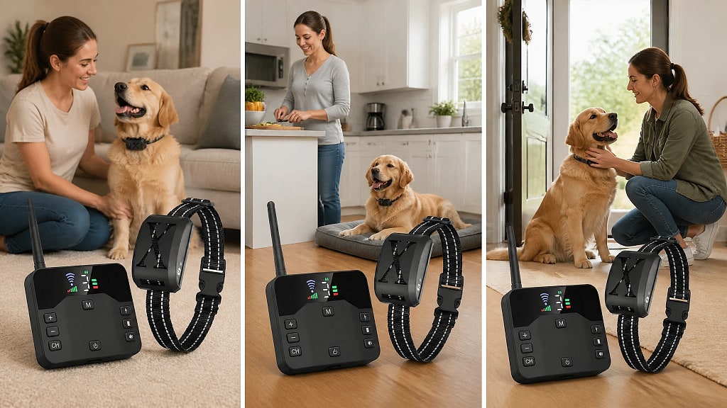 Boundex Wireless Dog Fence System with Collar, shown in use at home