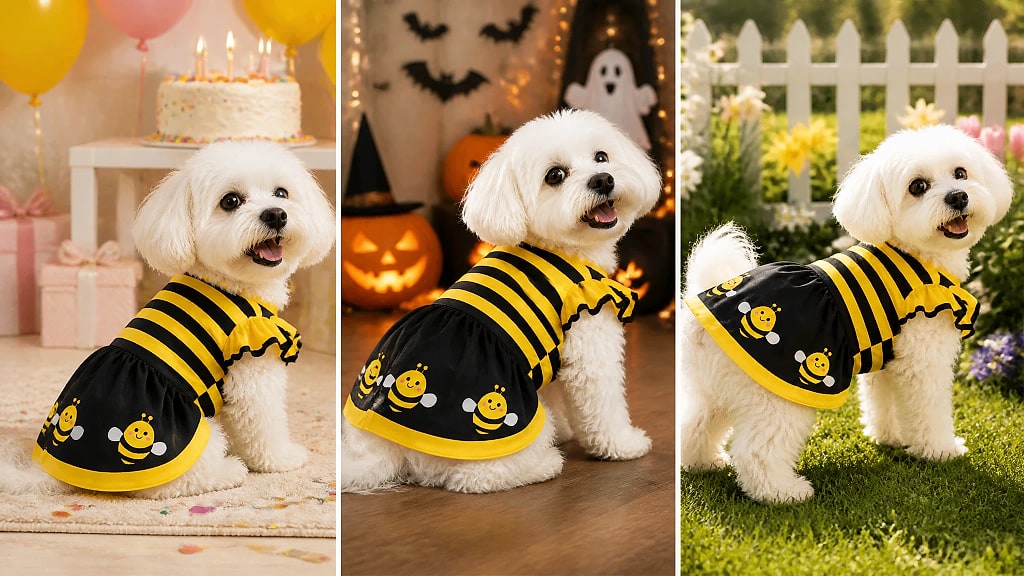 Bumbly Bee Dog Dress, shown in use at home