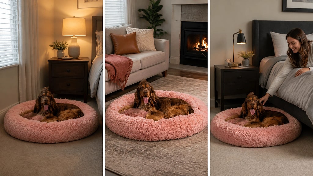 Calmara Calming Donut Dog Bed, shown in use at home