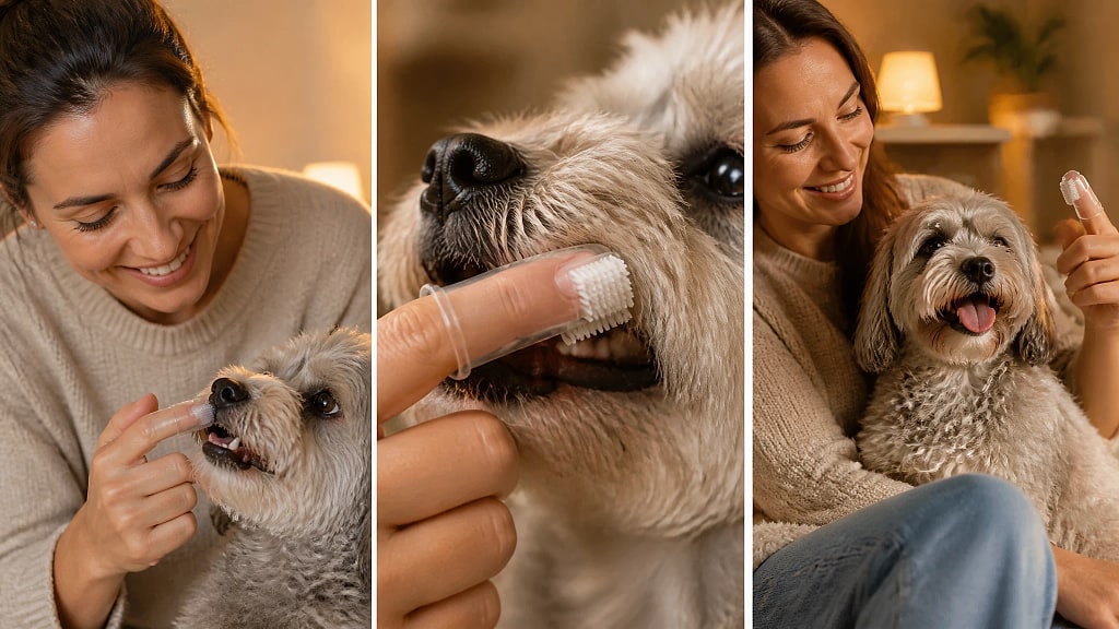 Freshbit Pet Finger Toothbrush Set, shown in use at home