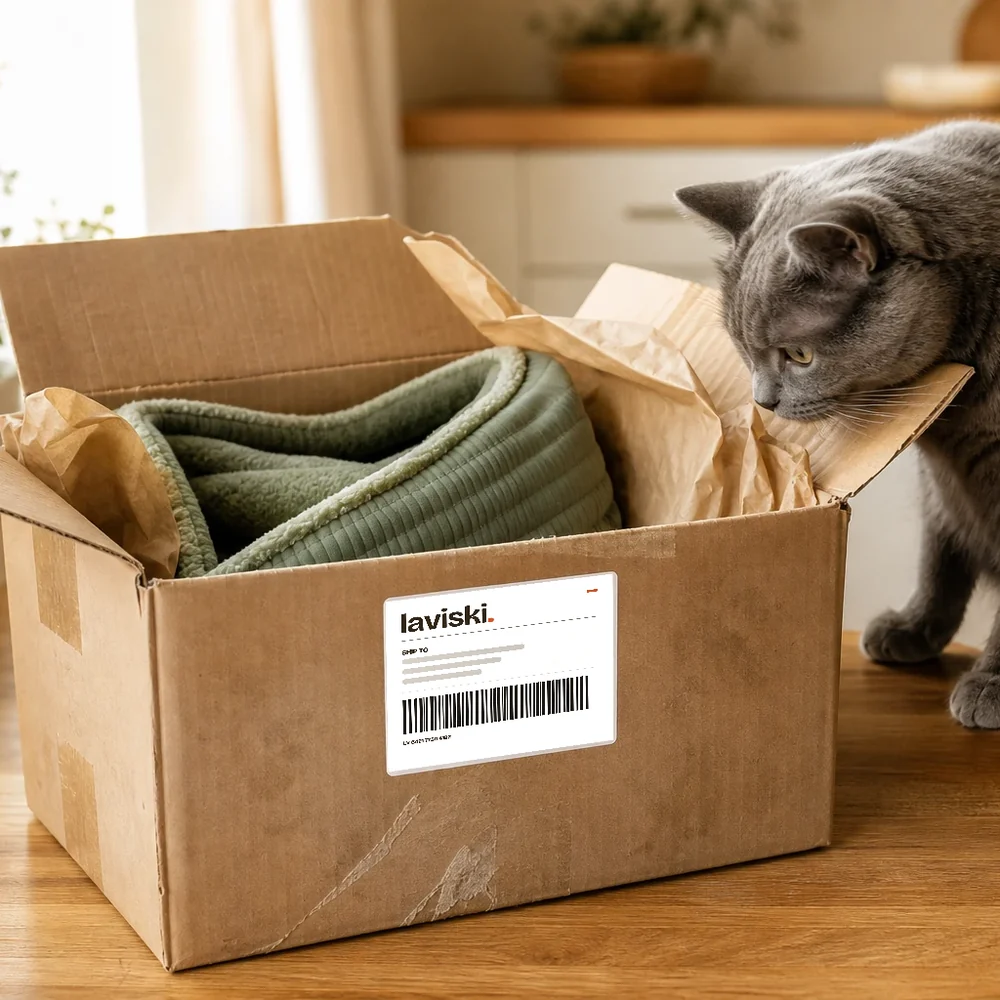A Laviski parcel opened on a kitchen table with a cat looking inside