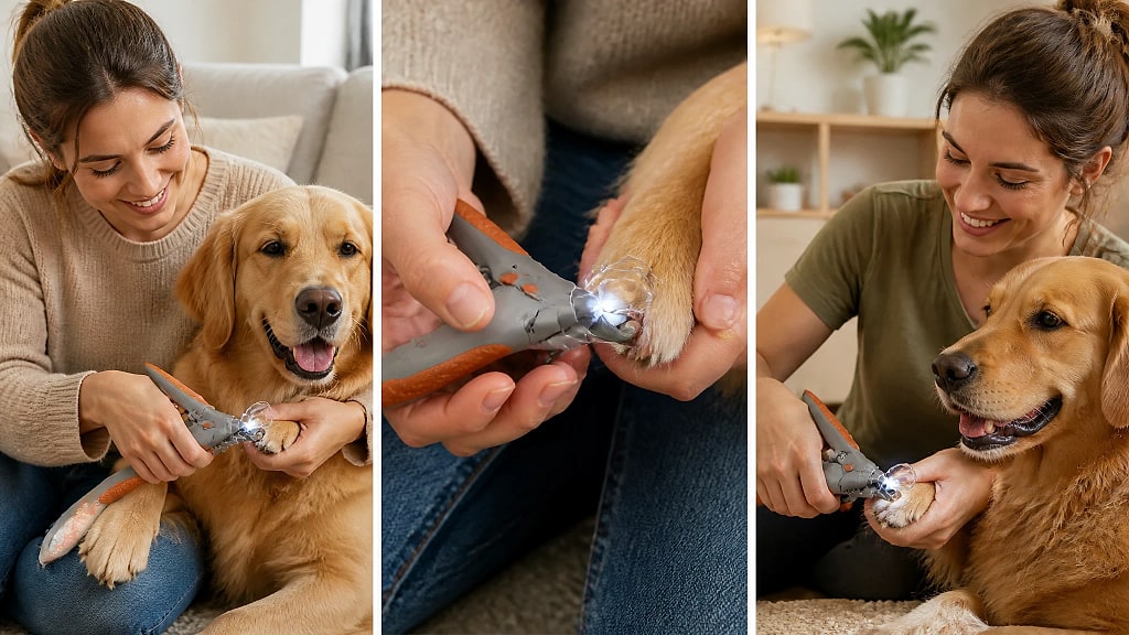 Pawguard Dog Nail Clippers with LED Quick Sensor, shown in use at home