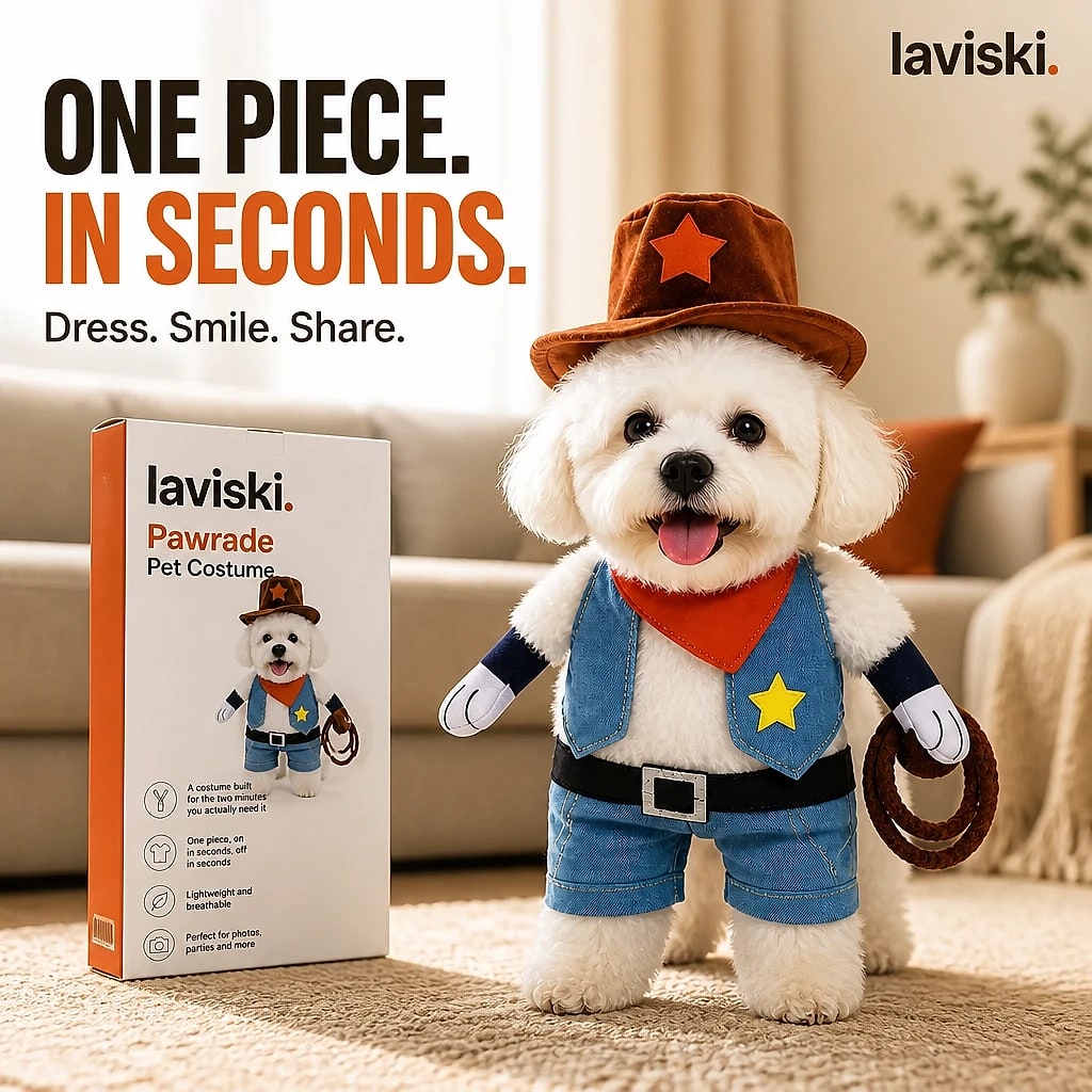 Pawrade Dog Costume Jumpsuit, shown in a home setting