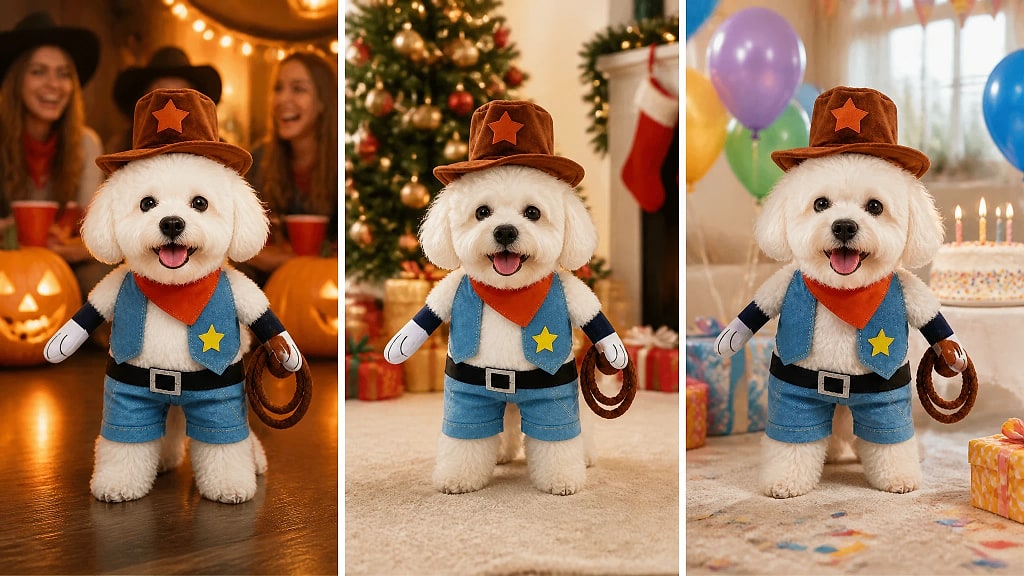 Pawrade Dog Costume Jumpsuit, shown in use at home