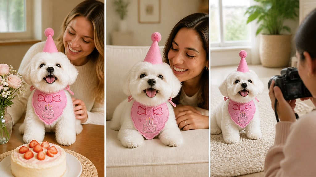 Pawty Birthday Hat and Bandana Set, shown in use at home