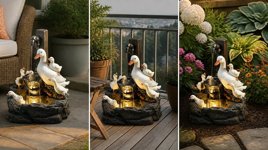 Rivona Tiered Garden Fountain, shown in use at home