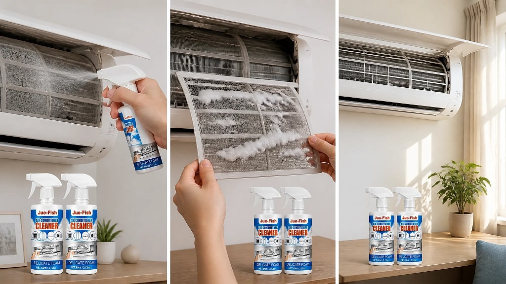 Air Conditioner Foam Cleaner 2 Bottles, shown in use at home