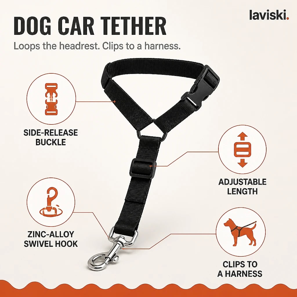 Ancora Dog Car Tether, close-up of the main features