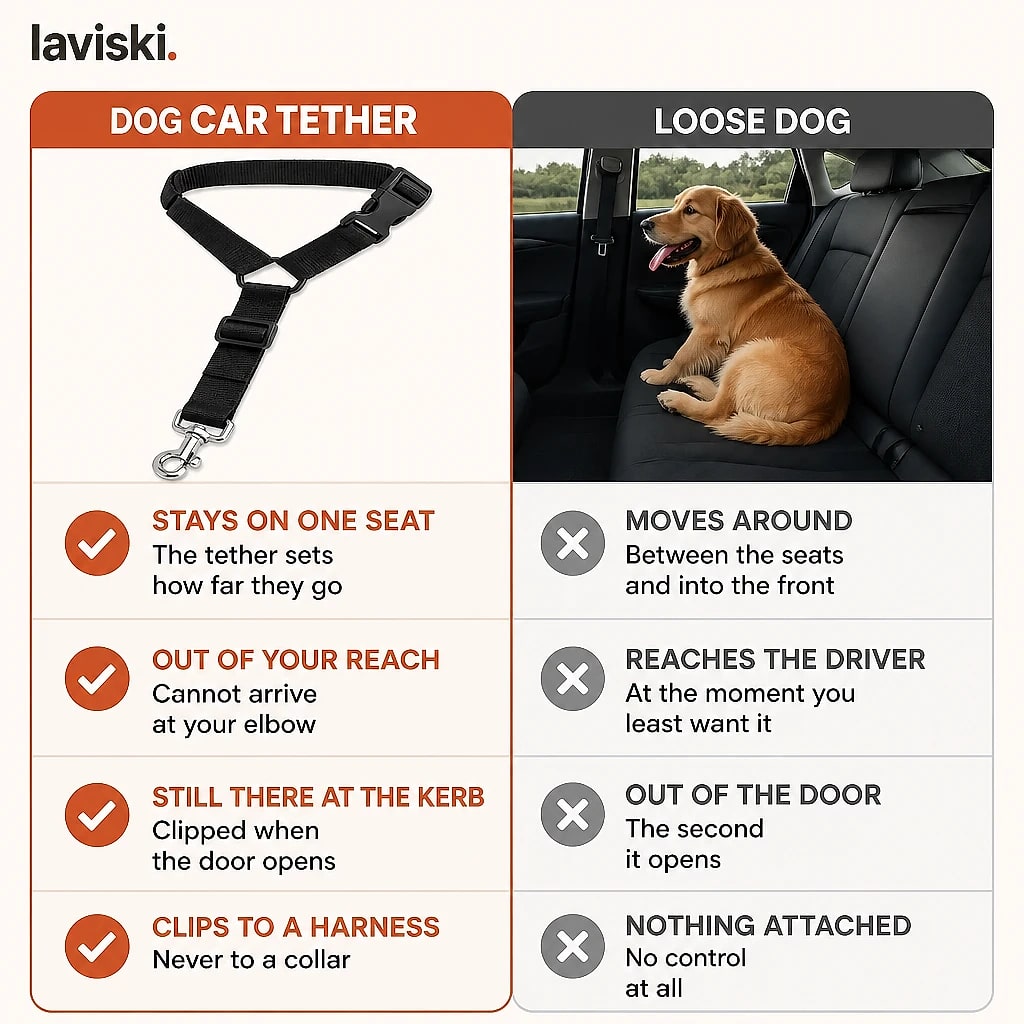 Ancora Dog Car Tether, compared with the usual alternative