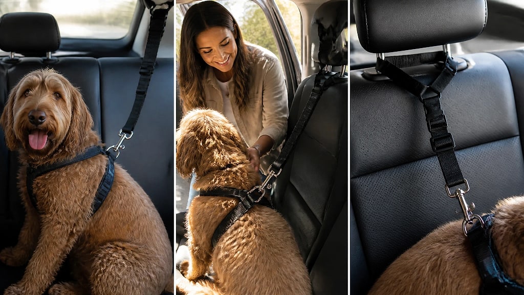 Ancora Dog Car Tether, shown in use at home