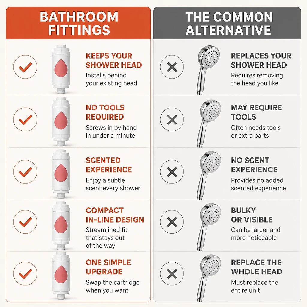 Aroma Scented In Line Shower Filter, compared with the usual alternative