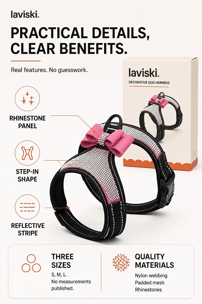 Brilla Rhinestone Dog Harness, materials and construction detail
