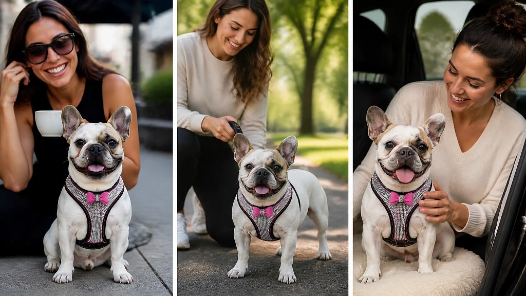Brilla Rhinestone Dog Harness, shown in use at home