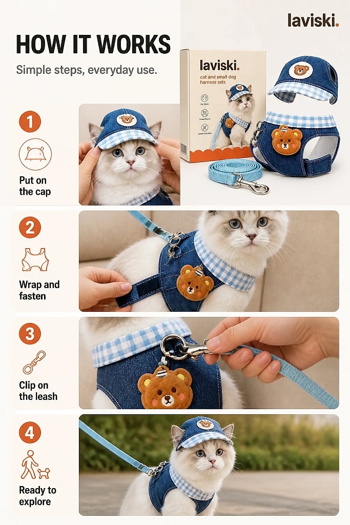 Brisa Denim Cap, Harness and Leash Set, how to unpack and set it up