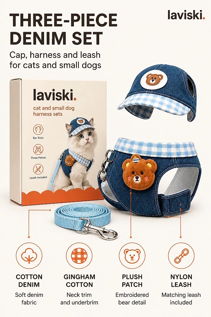 Brisa Denim Cap, Harness and Leash Set, materials and construction detail