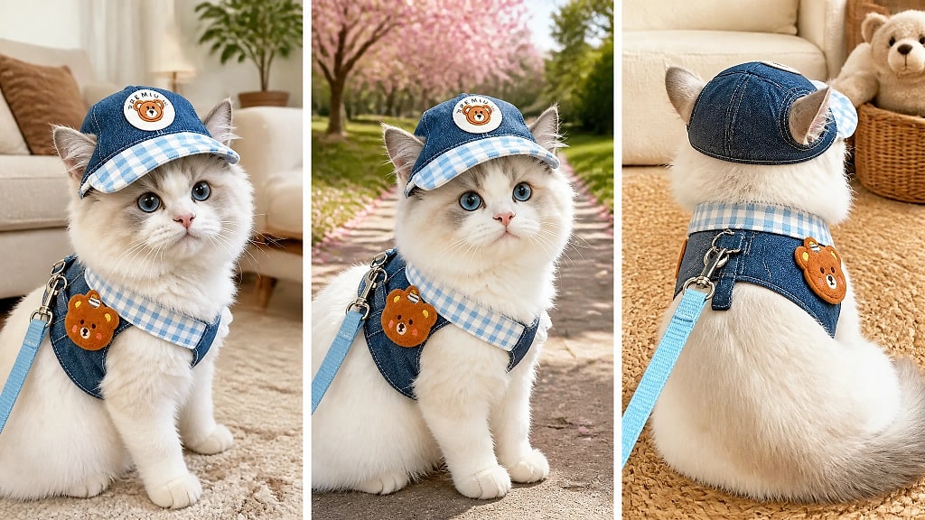 Brisa Denim Cap, Harness and Leash Set, shown in use at home