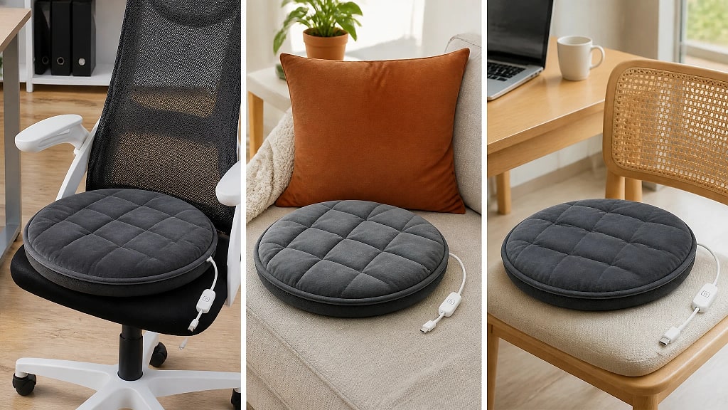 Calora USB Heated Seat Cushion, shown in use at home