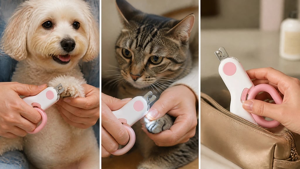 Clipsa Small Pet Nail Clipper with Lock, shown in use at home