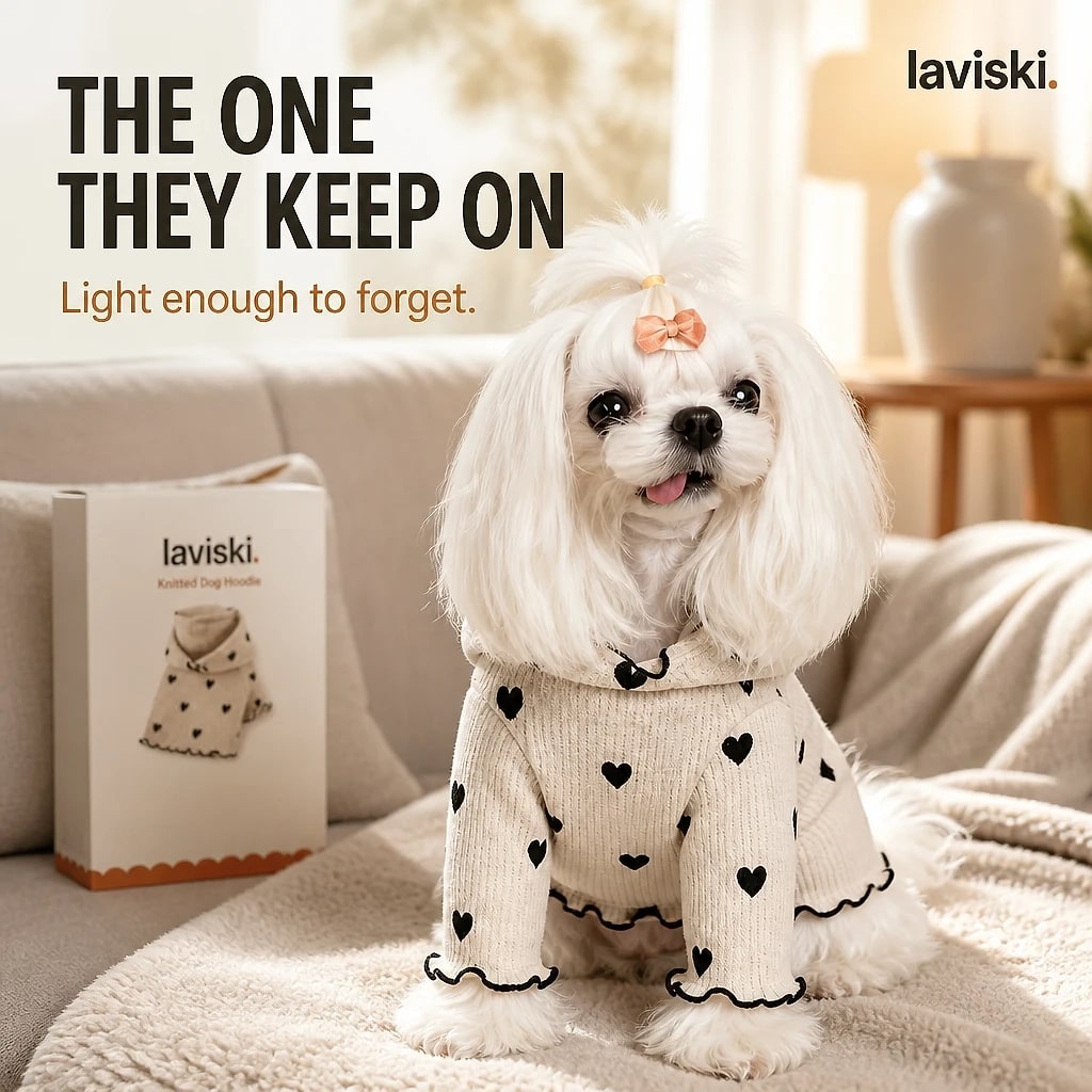 Cozia Waffle Knit Dog Hoodie, shown in a home setting