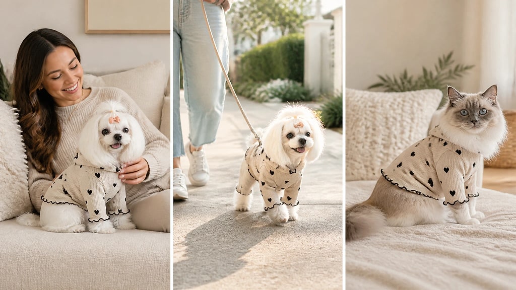 Cozia Waffle Knit Dog Hoodie, shown in use at home
