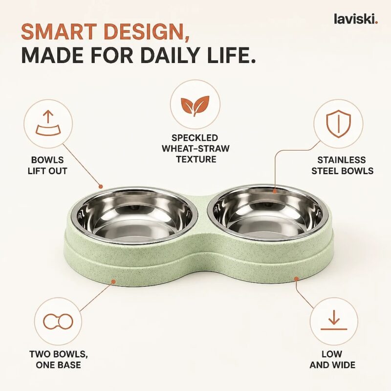 Duetta Double Pet Bowl with Steel Inserts, feature showcase