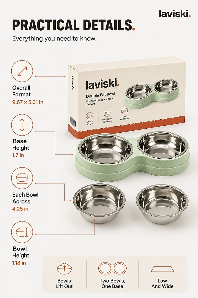 Duetta Double Pet Bowl with Steel Inserts, materials and construction detail