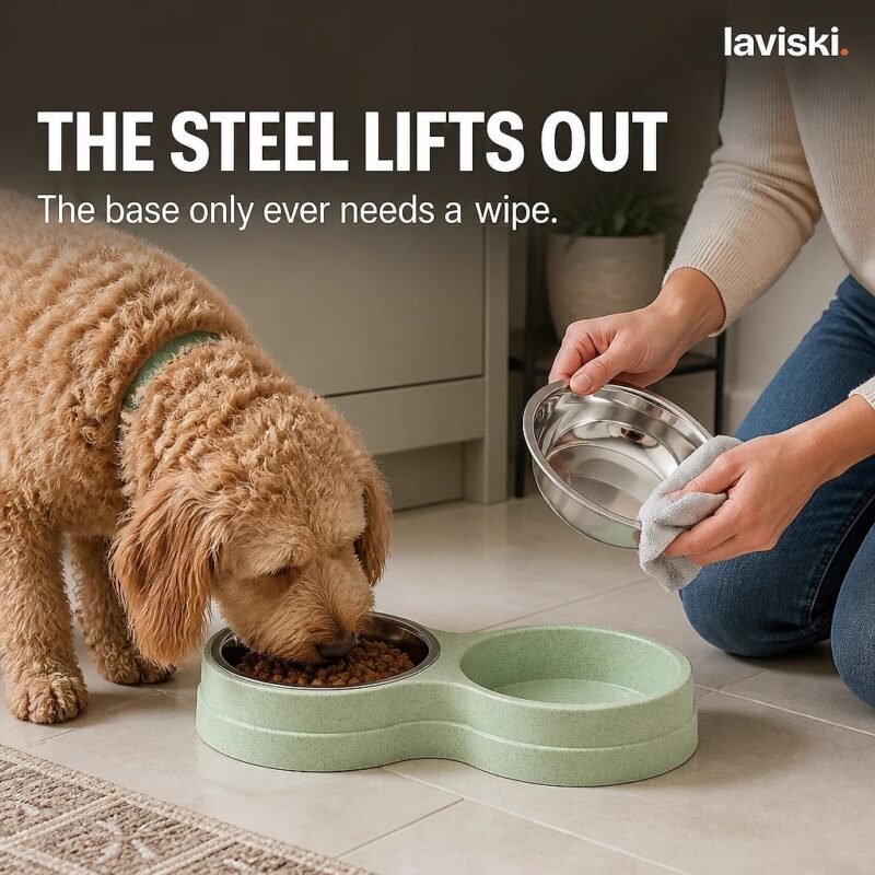 Duetta Double Pet Bowl with Steel Inserts, trust / durability
