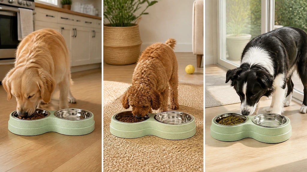 Duetta Double Pet Bowl with Steel Inserts, shown in use at home