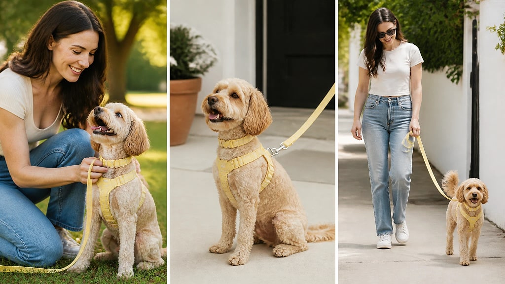 Dulcia Pastel Harness, Collar and Leash Set, shown in use at home