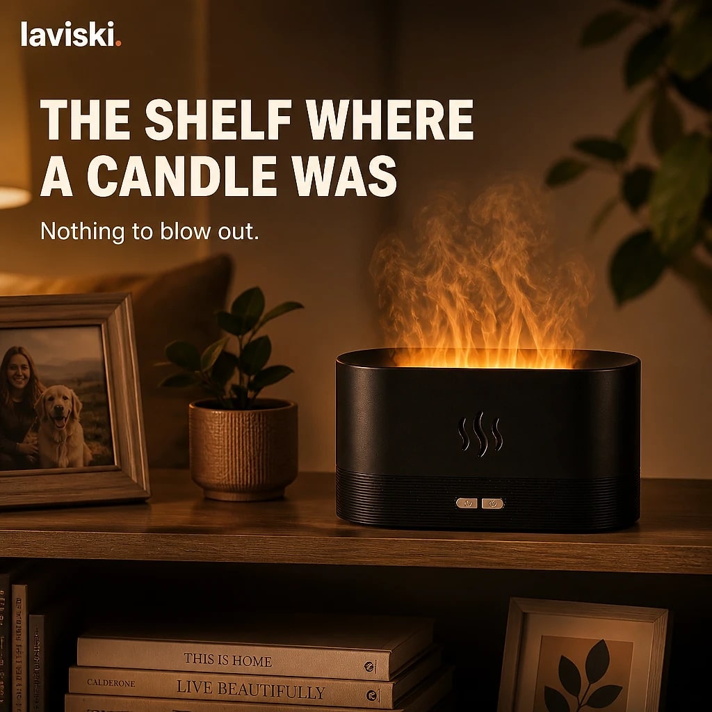 Embera Flame Effect Aroma Diffuser, in use, pet resting on it