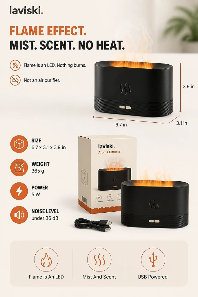 Embera Flame Effect Aroma Diffuser, materials and construction detail