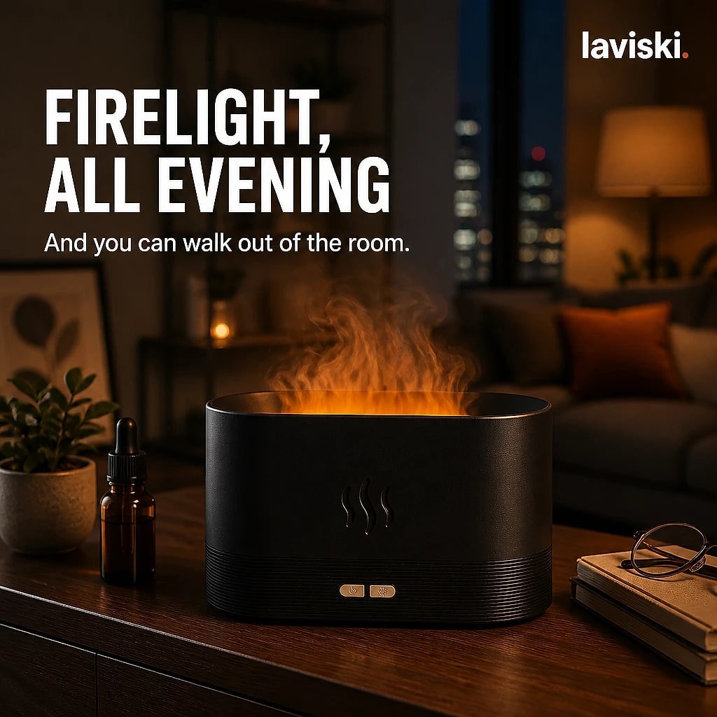 Embera Flame Effect Aroma Diffuser, shown in a home setting