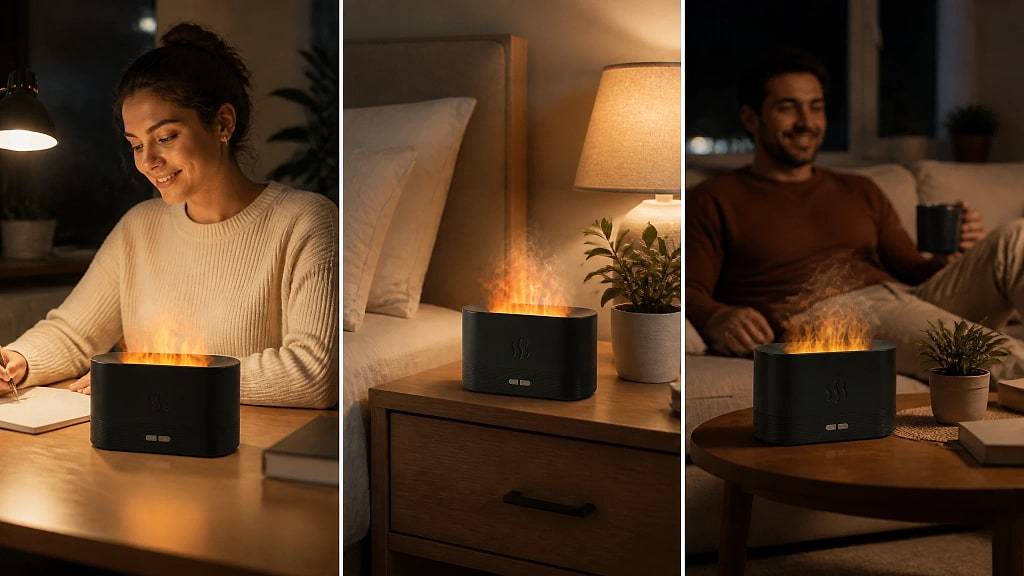 Embera Flame Effect Aroma Diffuser, shown in use at home