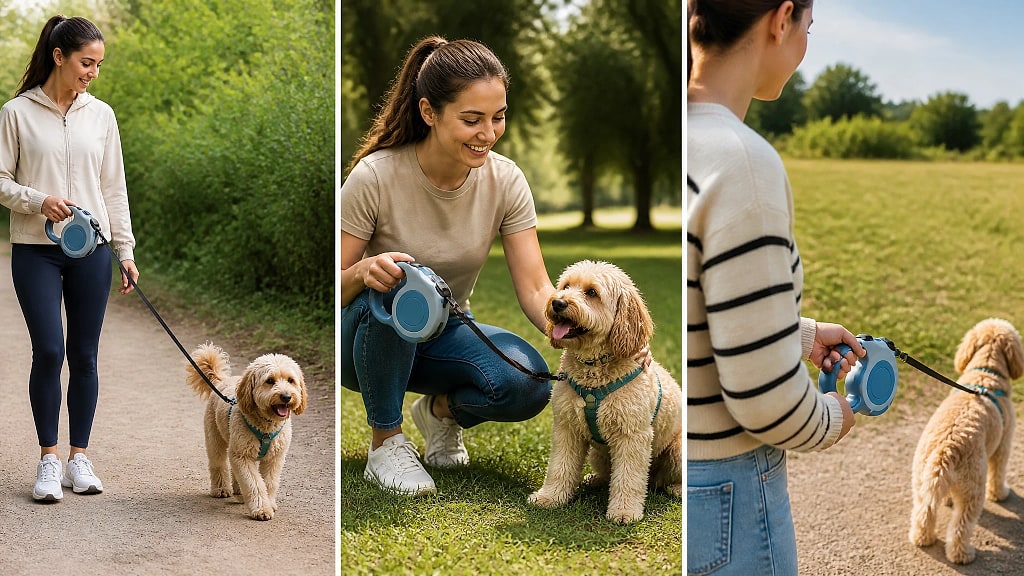 Extara Retractable Dog Lead, shown in use at home