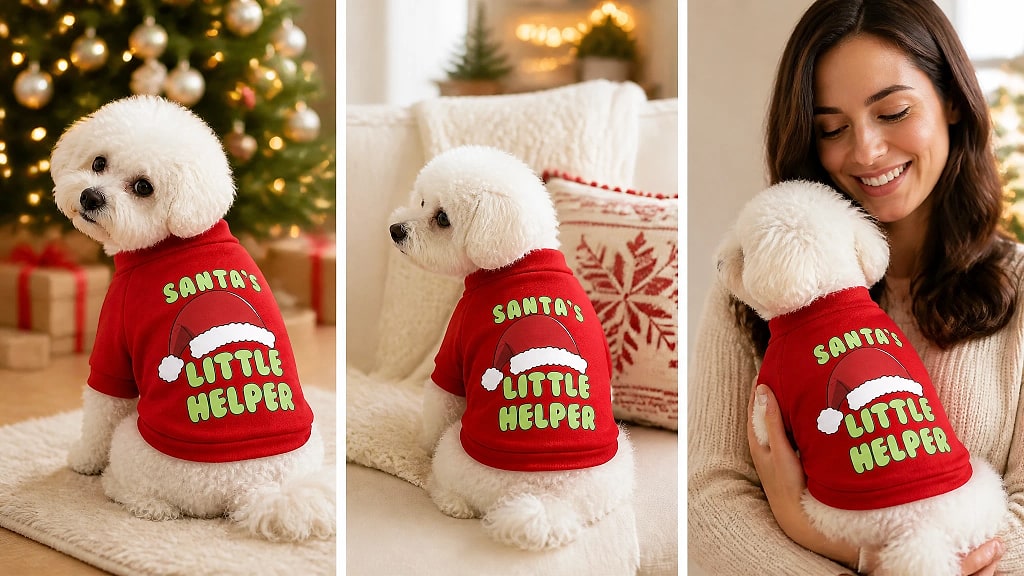 Festa Christmas Dog Sweatshirt, shown in use at home
