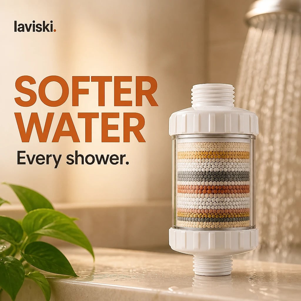 Filtra High Flow Shower Filter, in use, pet resting on it