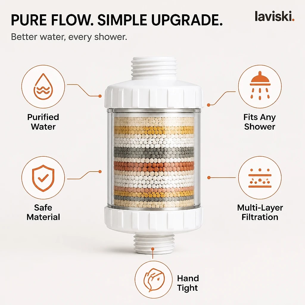 Filtra High Flow Shower Filter, close-up of the main features