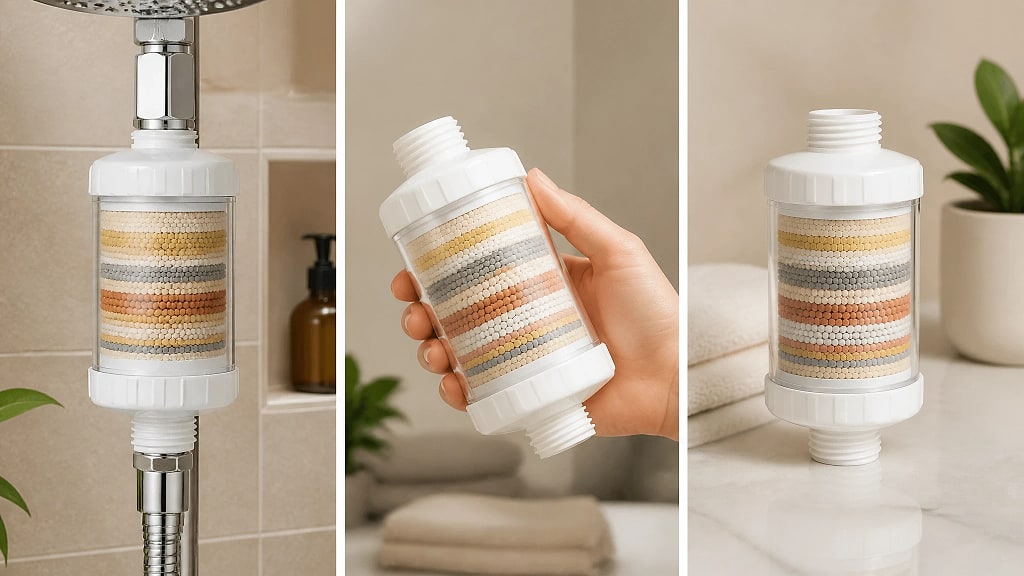 Filtra High Flow Shower Filter, shown in use at home