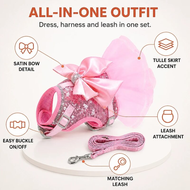 Fiora Sequin Bow Harness Dress and Leash Set, feature showcase