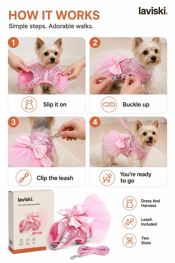 Fiora Sequin Bow Harness Dress and Leash Set, how to unpack and set it up