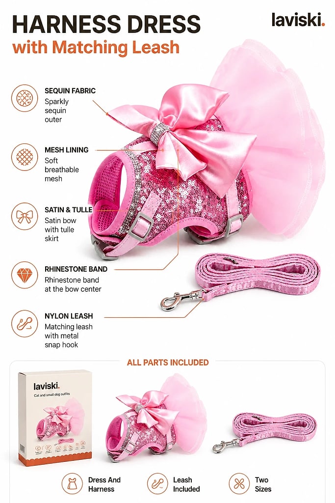 Fiora Sequin Bow Harness Dress and Leash Set, materials and construction detail