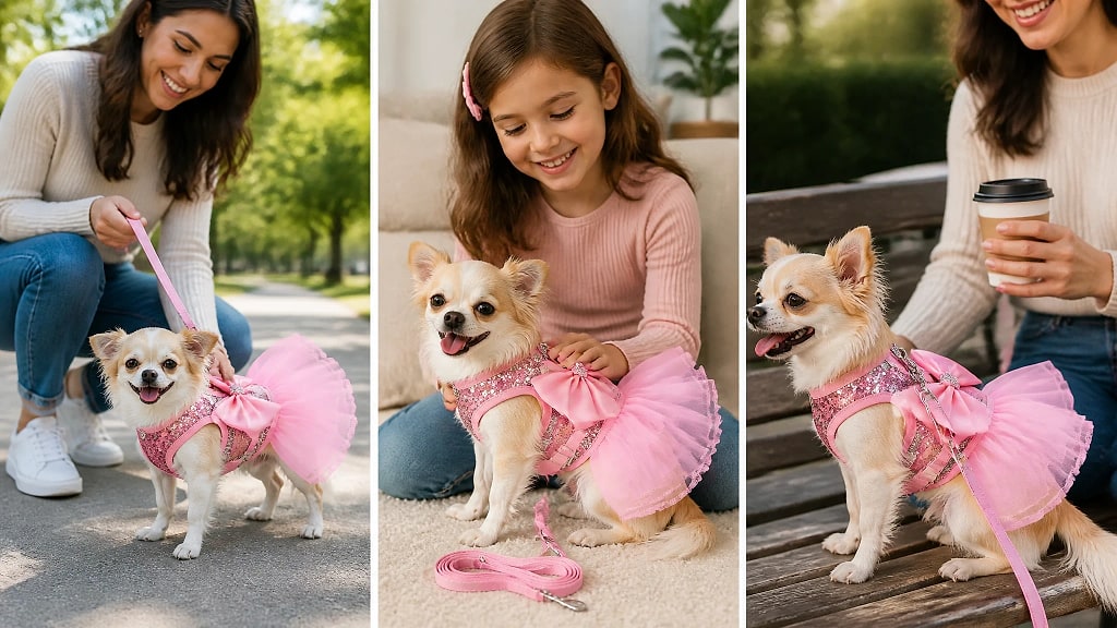 Fiora Sequin Bow Harness Dress and Leash Set, shown in use at home