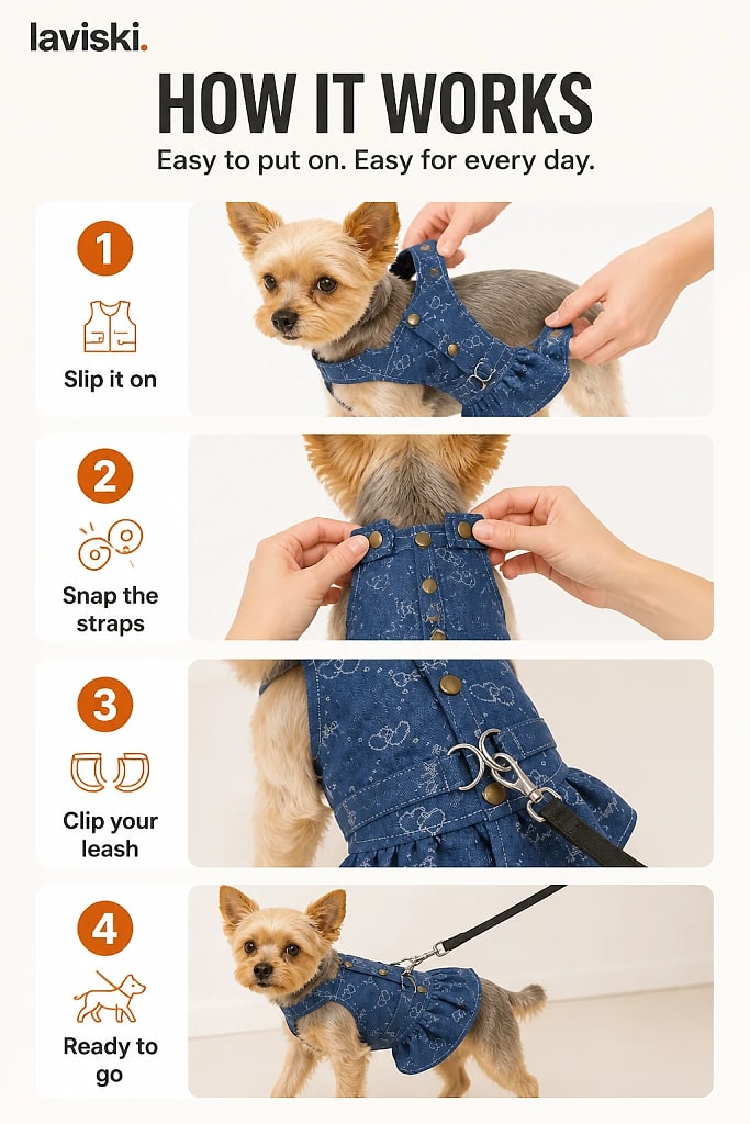 Indiga Denim Dog Harness Dress, how to unpack and set it up