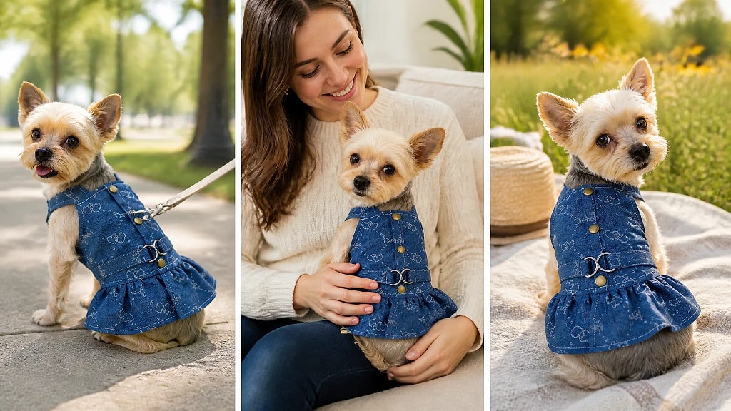 Indiga Denim Dog Harness Dress, shown in use at home