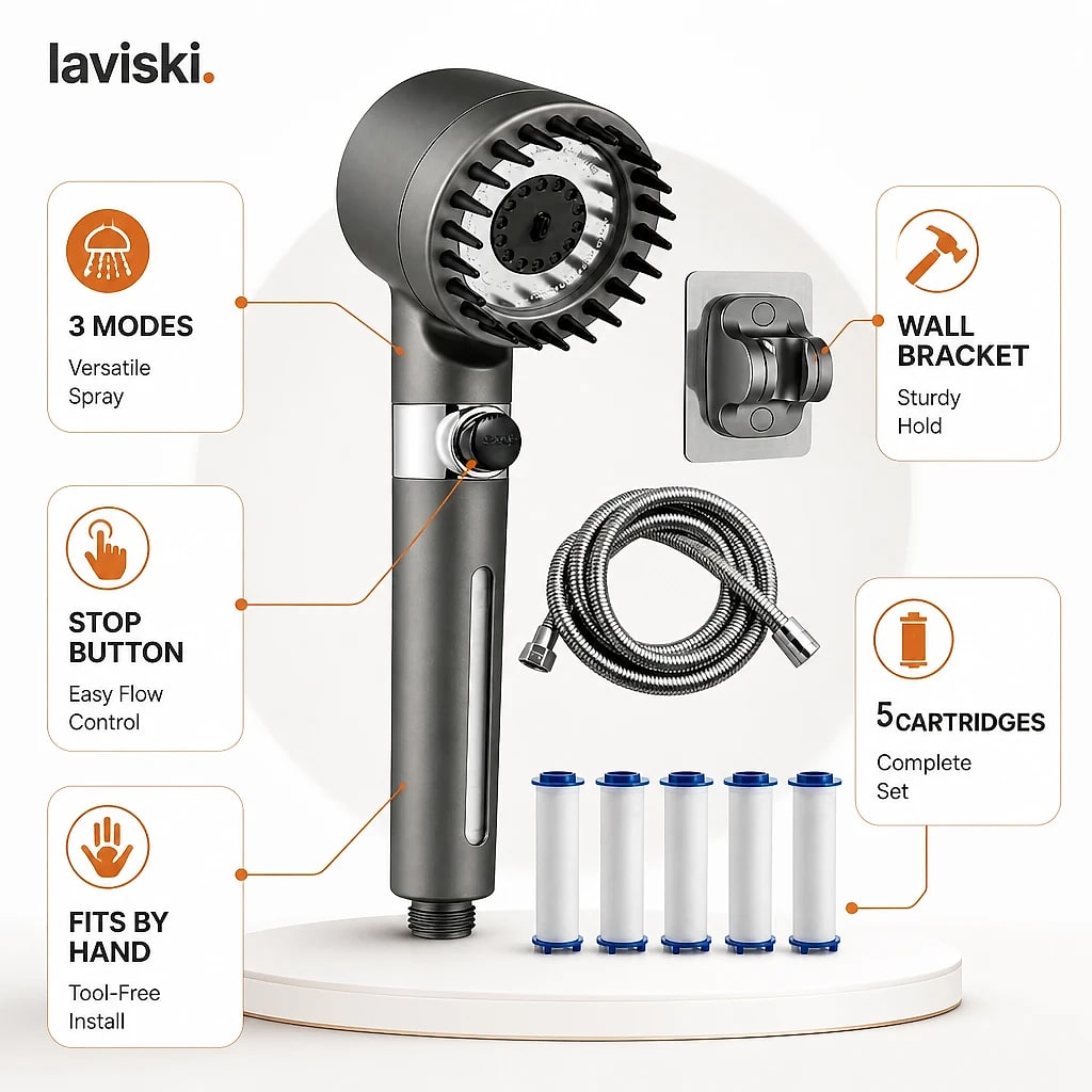 Ionara Complete Shower Set with Hose, close-up of the main features