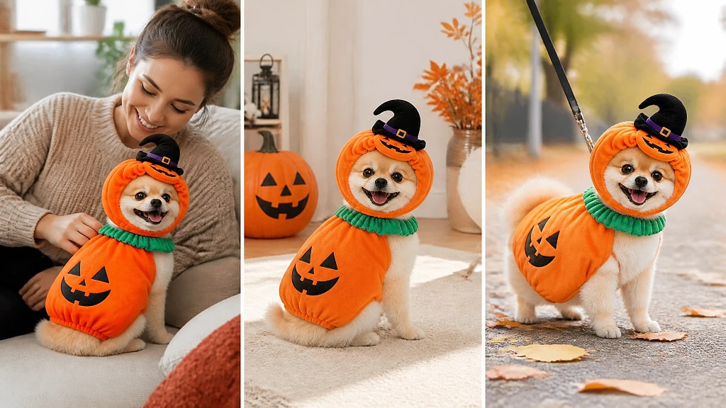 Jacoby Pumpkin Dog Costume, shown in use at home