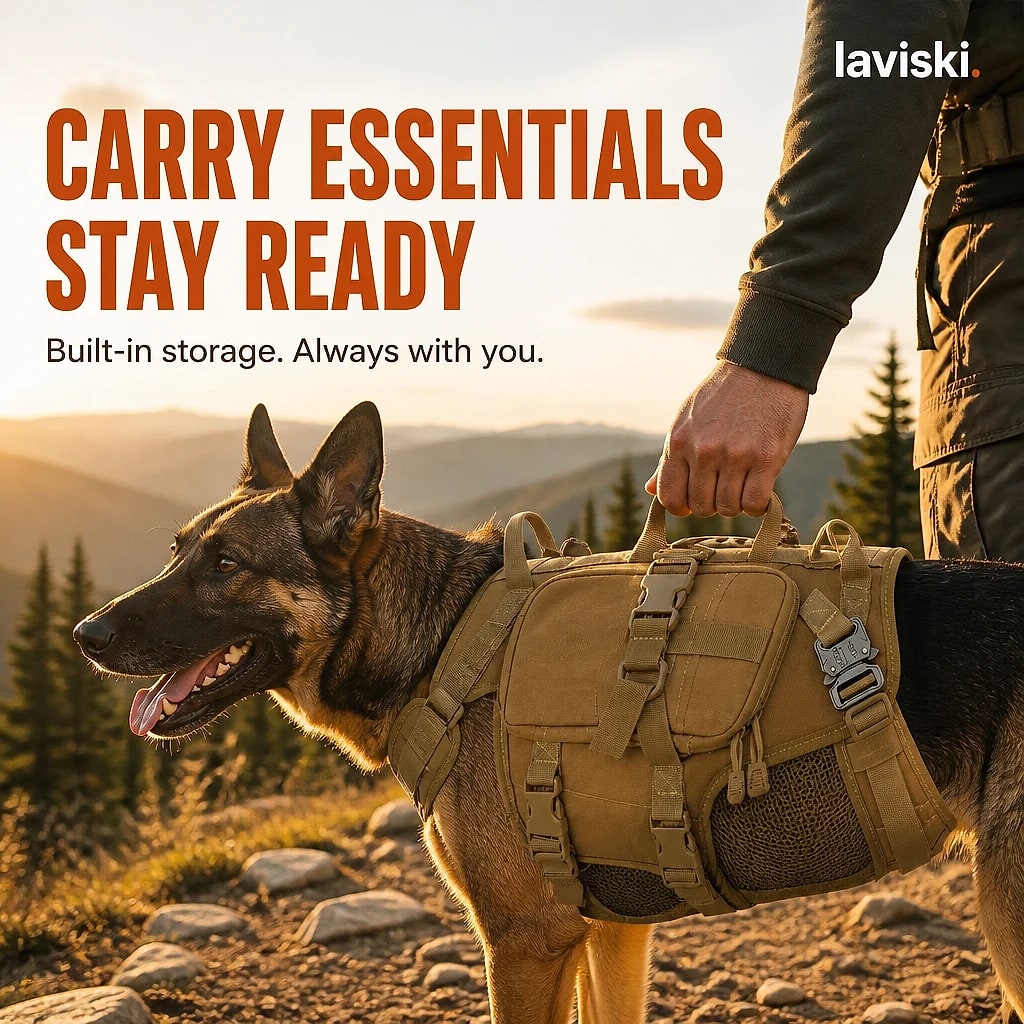 Kastra Tactical Harness with Saddle Pouches, in use, pet resting on it