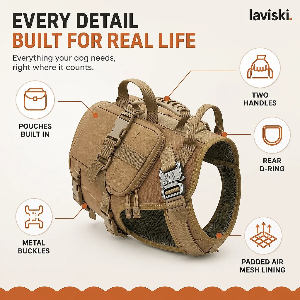 Kastra Tactical Harness with Saddle Pouches, close-up of the main features
